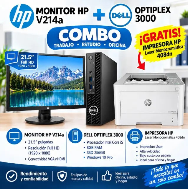 kit Mini PC Dell OptiPlex 3000 i5-12°8GB/256GB SSD + Monitor Hp v214a 21,7"+Regalo( Impresora Laser HP Laser Monocromática 408dn) Reacondicionado